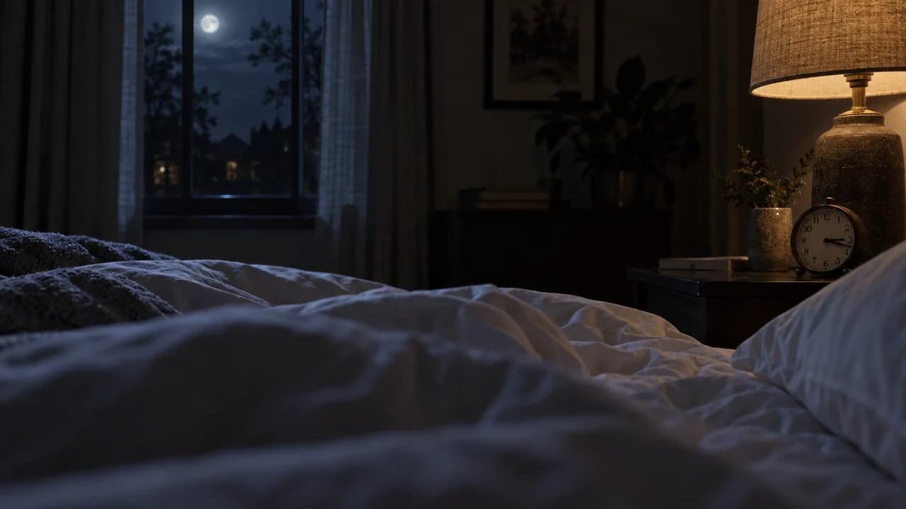 A dark bedroom at night with a bedside clock showing the early hours