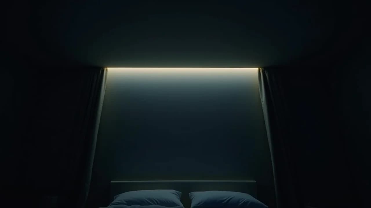 A dark bedroom at night, seen from the foot of the bed, with a thin band of pale streetlight above the curtain rail