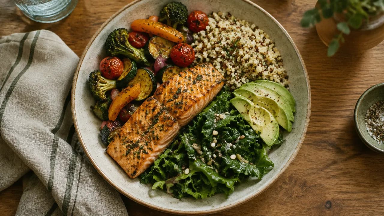 A balanced bowl of salmon, roasted vegetables, quinoa, avocado and greens