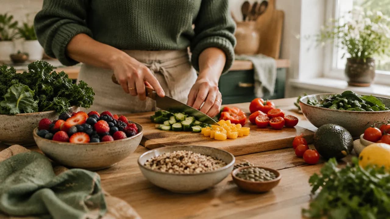 Hands chopping colorful fresh vegetables on a wooden cutting board
