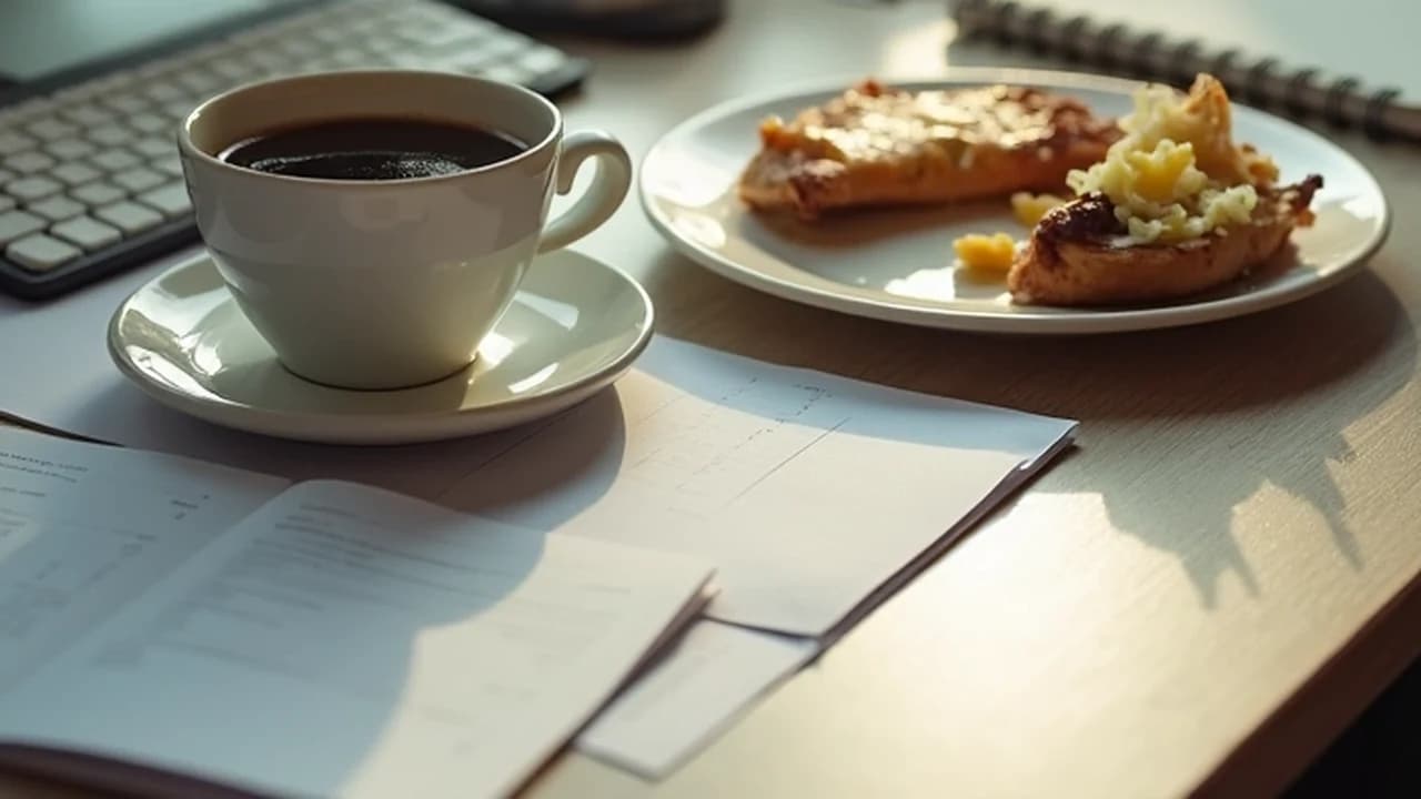 A half-finished cup of black coffee and a plate of leftovers on a desk beside a keyboard in afternoon light