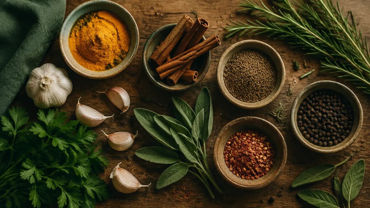Bowls of turmeric, cinnamon, cumin and chili beside fresh rosemary, sage, parsley and garlic