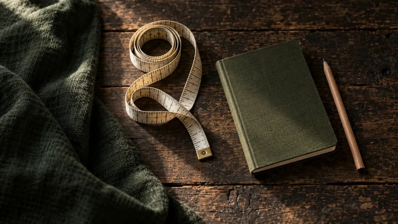 A soft tape measure coiled on a wooden surface beside a notebook and pen