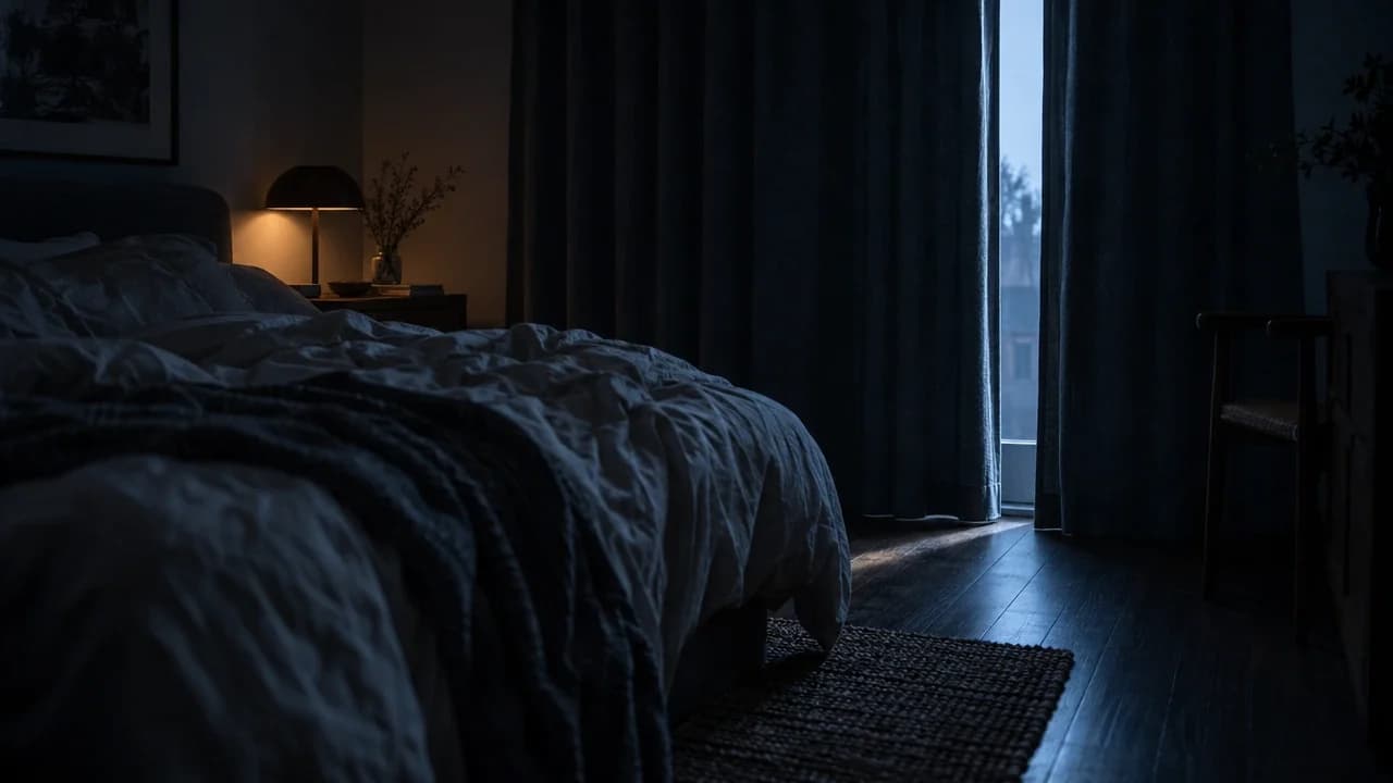 A dimly lit bedroom before dawn, with pale light at the edge of a curtain