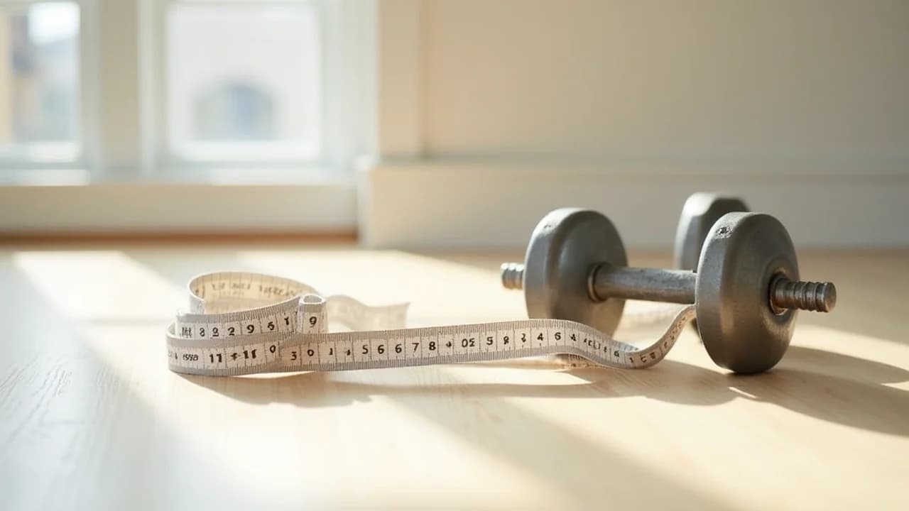 A soft tape measure and a pair of small dumbbells on a wooden floor in daylight