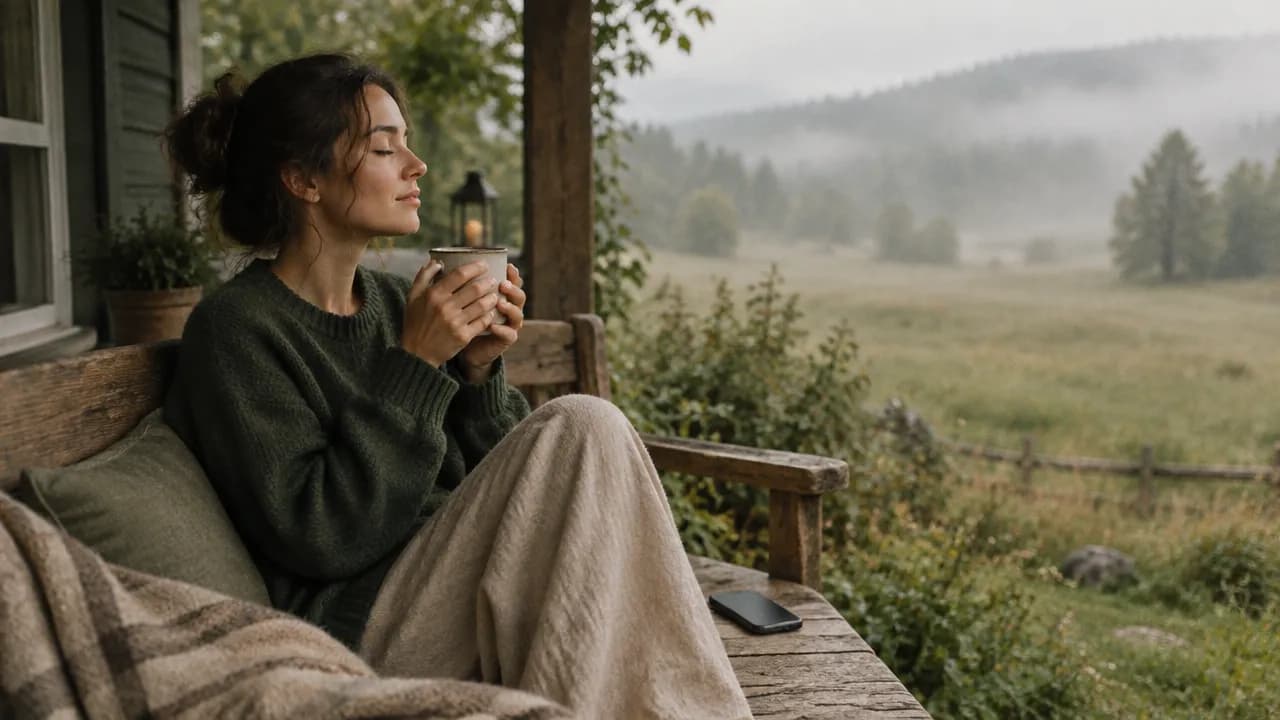 A woman sitting quietly on a porch bench with a warm mug, overlooking a misty meadow