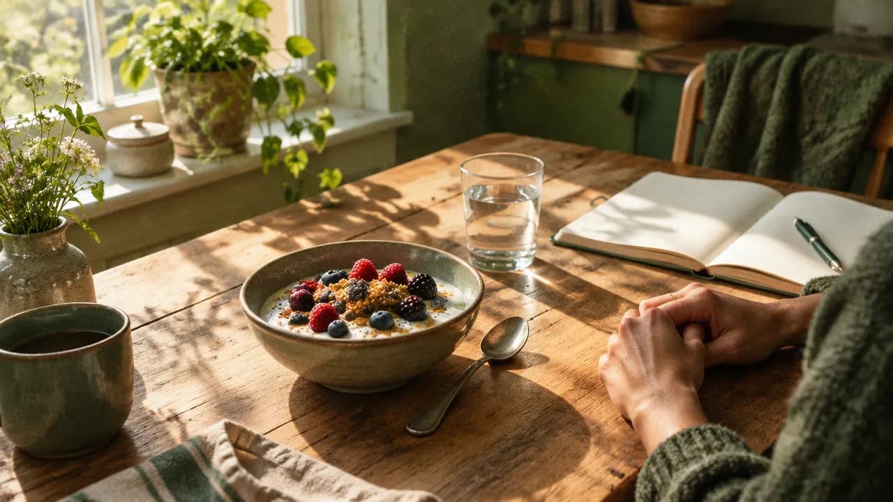 Morning sunlight on a kitchen table with yogurt, berries, water and an open notebook