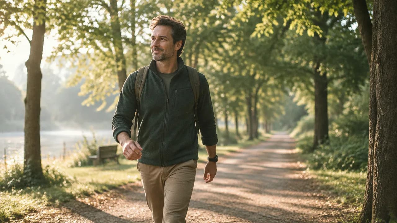 A man walking briskly along a tree-lined park path in morning light