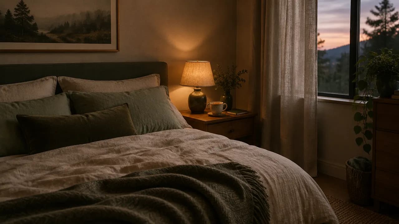 A calm bedroom at dusk with linen bedding, a warm lamp and a cup of herbal tea