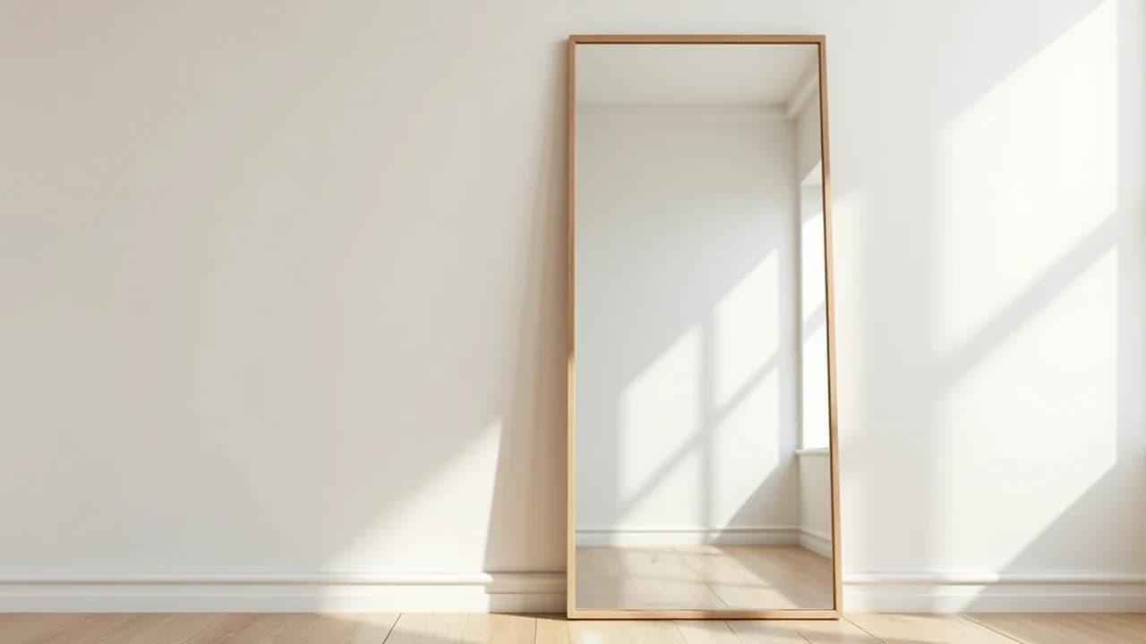 A plain full-length mirror leaning against a bedroom wall in daylight, reflecting an empty room