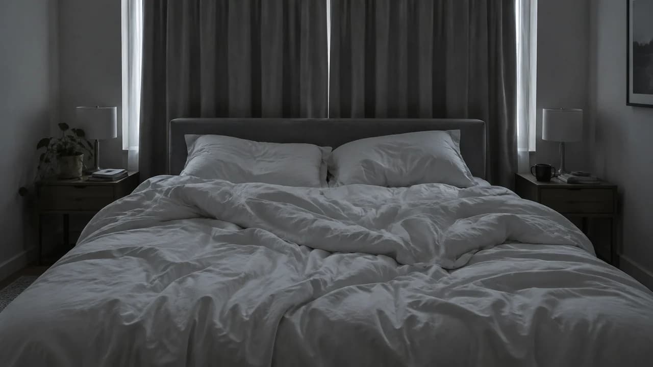 An unmade bed in grey morning light, with the duvet pushed back and the curtains still drawn
