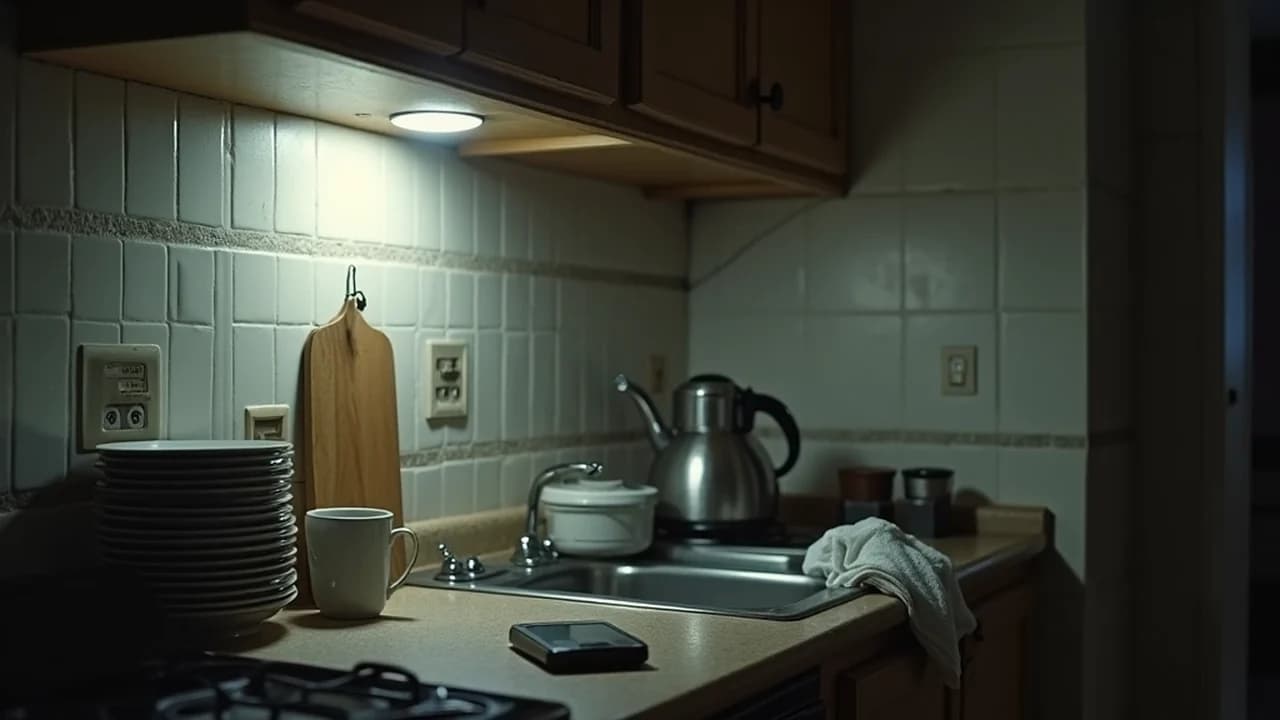 A dim kitchen counter at night, with plates stacked by the sink, a tea towel over the edge and a phone lying face down