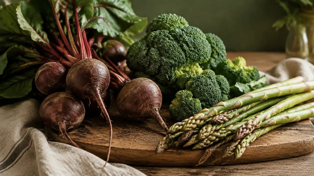 Fresh beetroots, broccoli and asparagus on a rustic wooden board