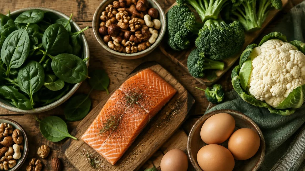 A heart-healthy spread of salmon, spinach, nuts, broccoli, cauliflower and eggs