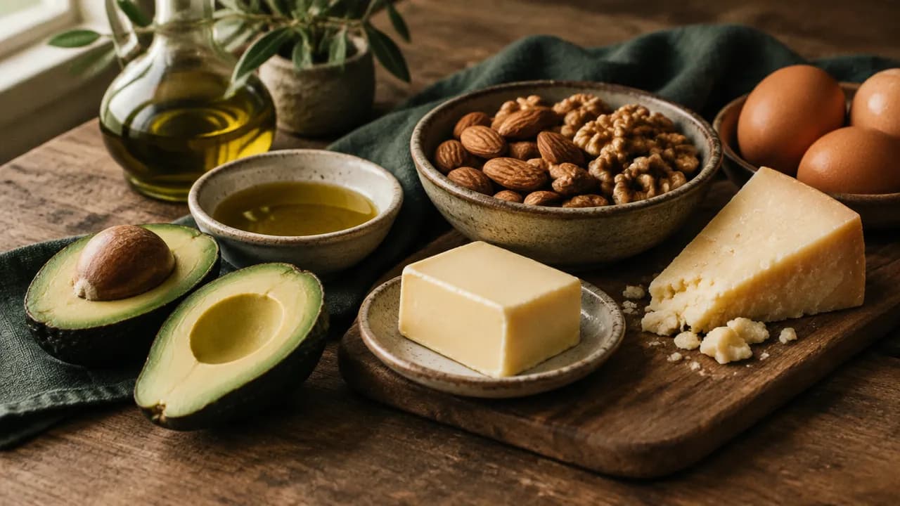 Healthy fats on a rustic table: avocado, olive oil, butter, cheese, nuts and eggs