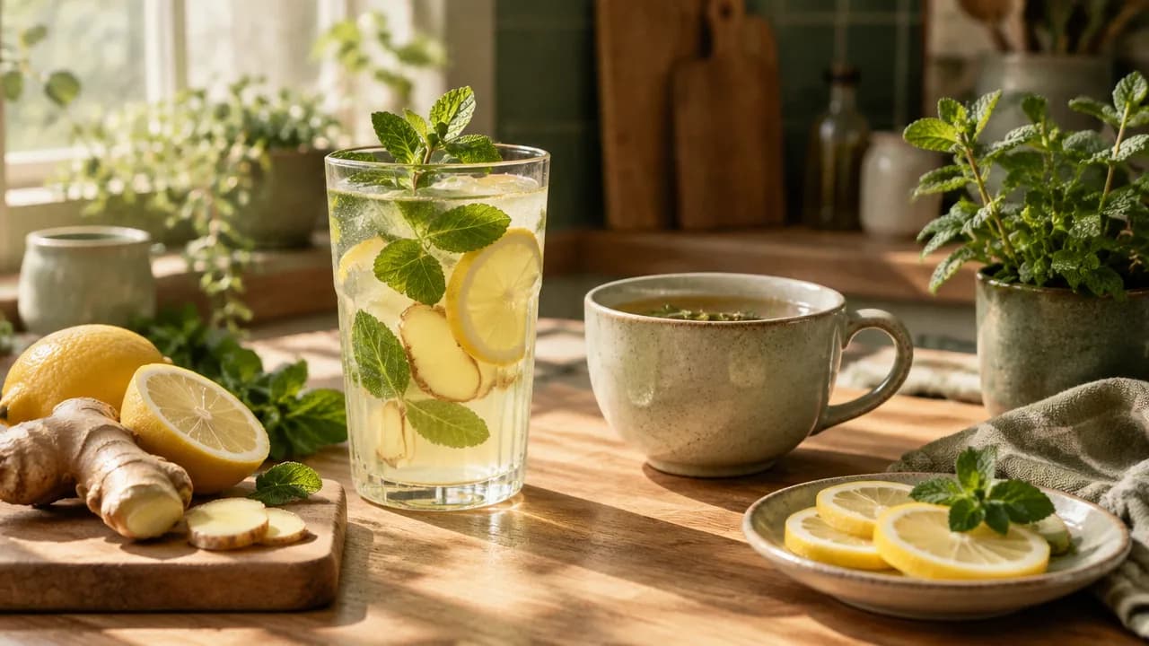 Lemon and ginger infused water with mint and herbal tea on a sunlit kitchen counter