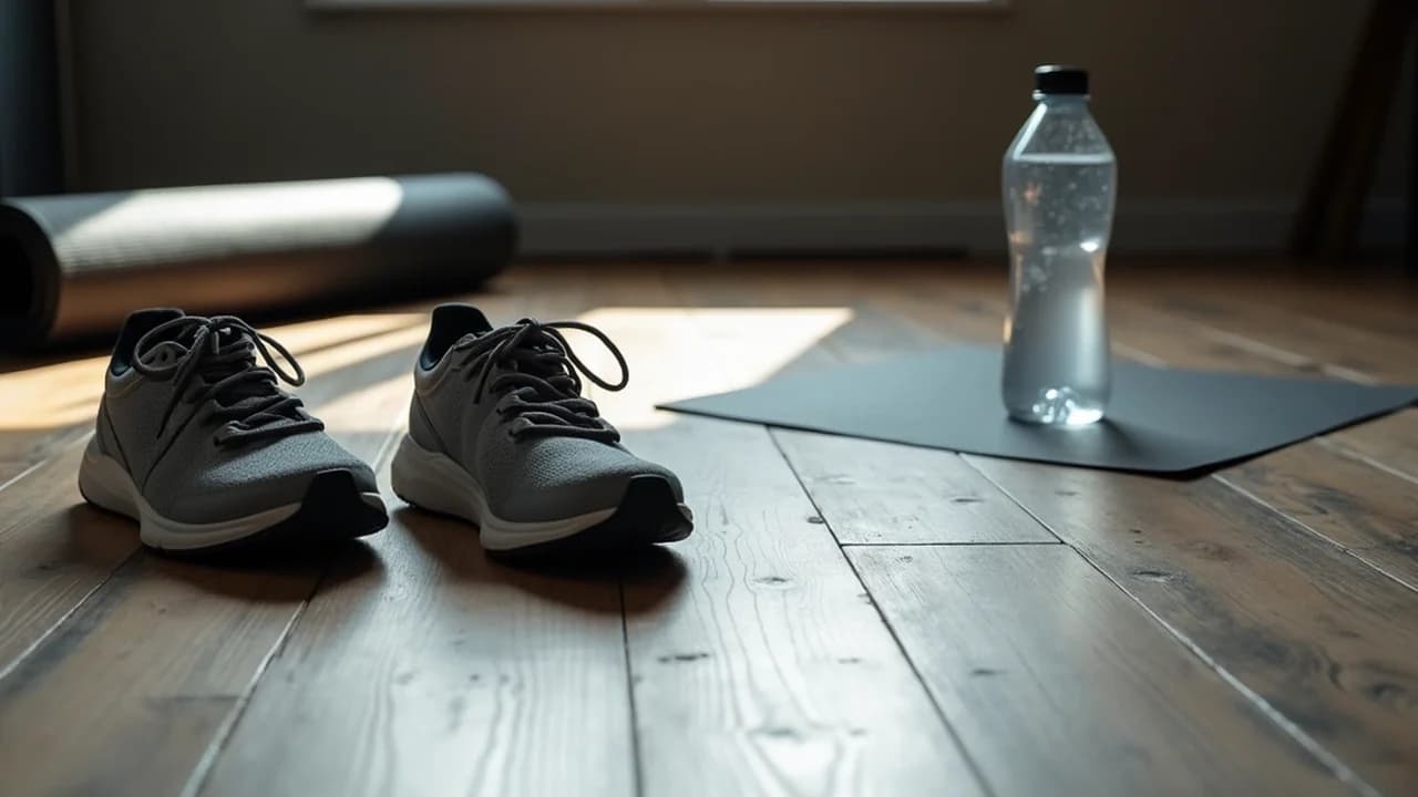A pair of worn training shoes and a water bottle on the floor beside a rolled-out exercise mat in late afternoon light